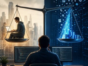 Alt text: A developer faces a giant scale weighing human labor against glowing streams of AI tokens and code, suggesting the shifting economics of software development