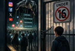 IMAGE: A teenager stands outside a locked age-restricted gate while adults inside a giant smartphone are manipulated by a surveillance-driven social media machine