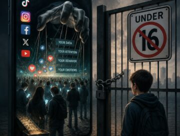IMAGE: A teenager stands outside a locked age-restricted gate while adults inside a giant smartphone are manipulated by a surveillance-driven social media machine