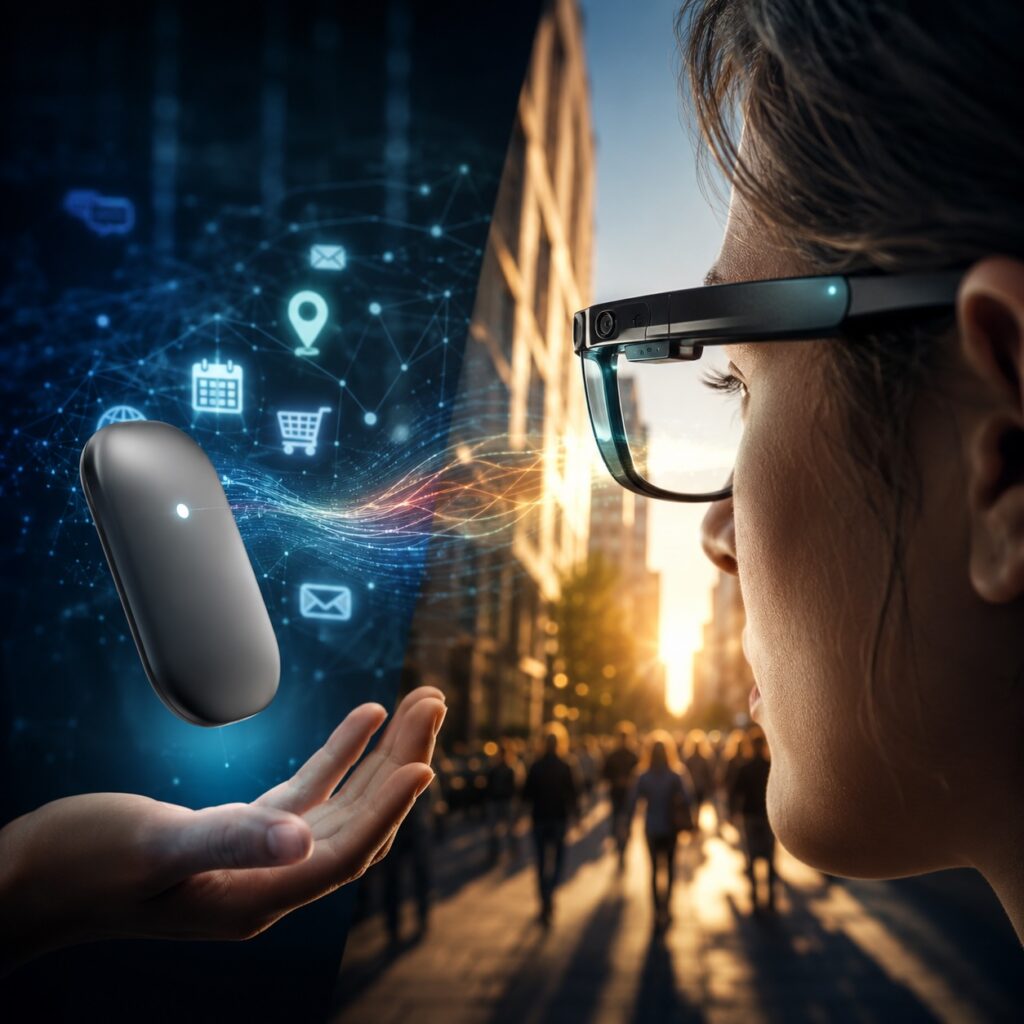 IMAGE: A woman wearing smart glasses faces a glowing AI device floating above a hand, with digital icons blending into a city street 