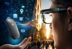 IMAGE: A woman wearing smart glasses faces a glowing AI device floating above a hand, with digital icons blending into a city street