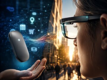 IMAGE: A woman wearing smart glasses faces a glowing AI device floating above a hand, with digital icons blending into a city street