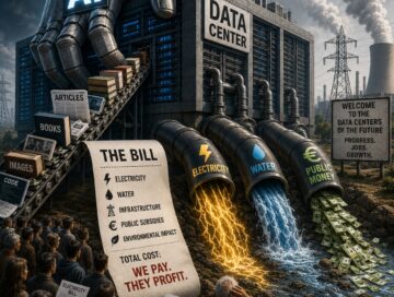IMAGE: A giant AI data center consumes books, articles, code, electricity, water, and public money while citizens watch the bill grow