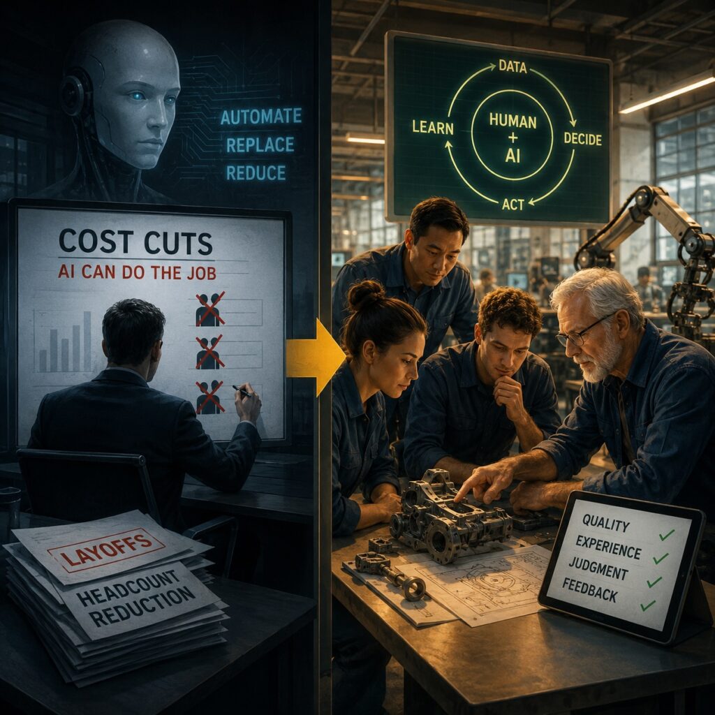 IMAGE: A split-screen illustration contrasts AI-driven layoffs with a collaborative human-AI engineering workflow based on expertise, quality control, and continuous feedback