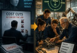 IMAGE: A split-screen illustration contrasts AI-driven layoffs with a collaborative human-AI engineering workflow based on expertise, quality control, and continuous feedback