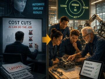 IMAGE: A split-screen illustration contrasts AI-driven layoffs with a collaborative human-AI engineering workflow based on expertise, quality control, and continuous feedback