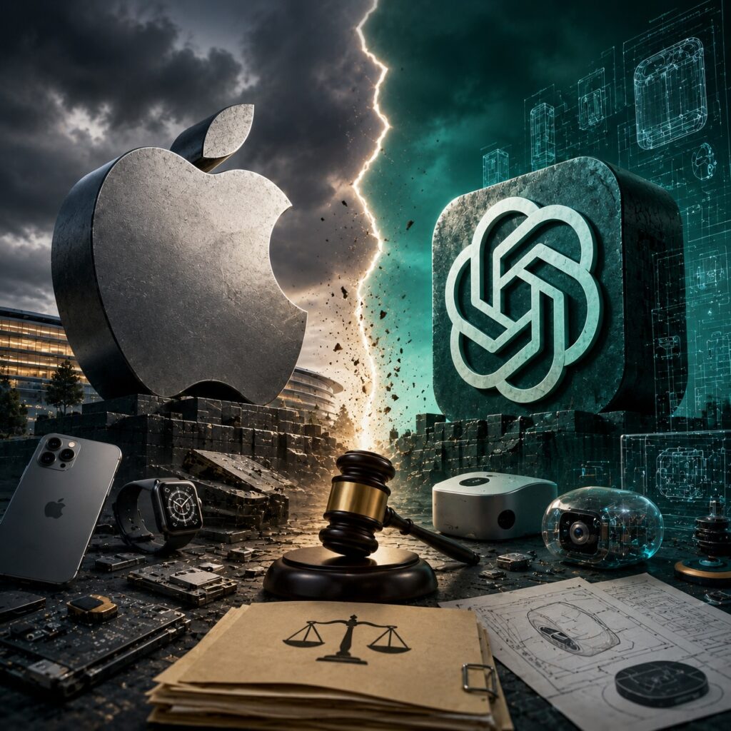 IMAGE: A dramatic square illustration shows Apple and OpenAI symbols facing each other across a stormy legal and technological battlefield, with devices, schematics, and a judge’s gavel between them