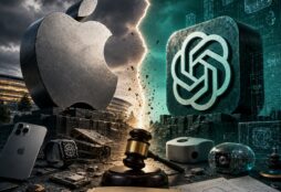 IMAGE: A dramatic square illustration shows Apple and OpenAI symbols facing each other across a stormy legal and technological battlefield, with devices, schematics, and a judge’s gavel between them