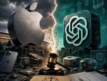 IMAGE: A dramatic square illustration shows Apple and OpenAI symbols facing each other across a stormy legal and technological battlefield, with devices, schematics, and a judge’s gavel between them