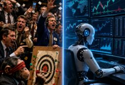 IMAGE: A blindfolded monkey throws darts in a chaotic trading floor while, on the other side, a calm humanoid AI analyzes market charts