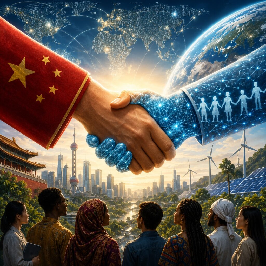 IMAGE: China and a digital world clasp hands above a diverse crowd and a connected, sustainable landscape