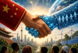 IMAGE: China and a digital world clasp hands above a diverse crowd and a connected, sustainable landscape