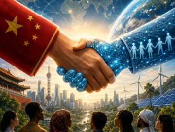 IMAGE: China and a digital world clasp hands above a diverse crowd and a connected, sustainable landscape