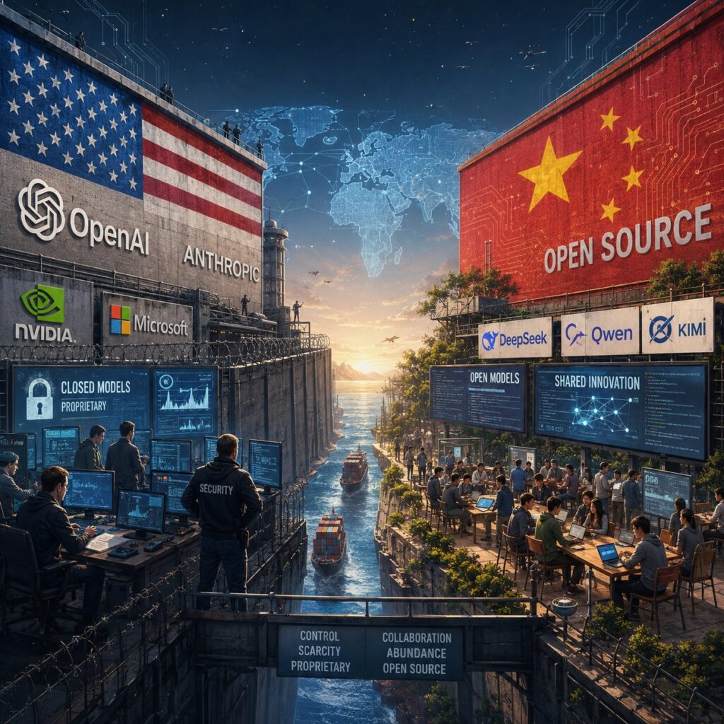 IMAGE: A glowing open Chinese AI engine outmaneuvers a massive locked American data center, symbolizing efficiency, openness and strategic rivalry. 