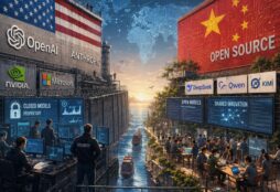 IMAGE: A glowing open Chinese AI engine outmaneuvers a massive locked American data center, symbolizing efficiency, openness and strategic rivalry.