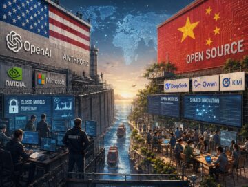 IMAGE: A glowing open Chinese AI engine outmaneuvers a massive locked American data center, symbolizing efficiency, openness and strategic rivalry.