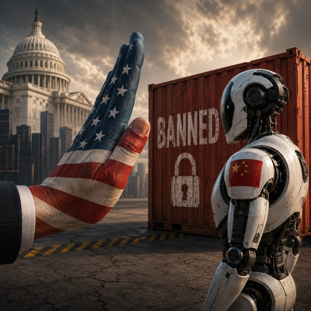 IMAGE: A U.S.-flag-painted hand blocks a Chinese humanoid robot beside a locked “BANNED” container near the Capitol.