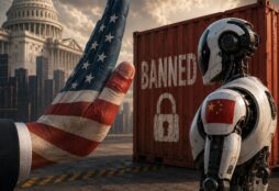 IMAGE: A U.S.-flag-painted hand blocks a Chinese humanoid robot beside a locked “BANNED” container near the Capitol.