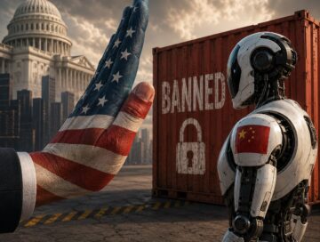 IMAGE: A U.S.-flag-painted hand blocks a Chinese humanoid robot beside a locked “BANNED” container near the Capitol.