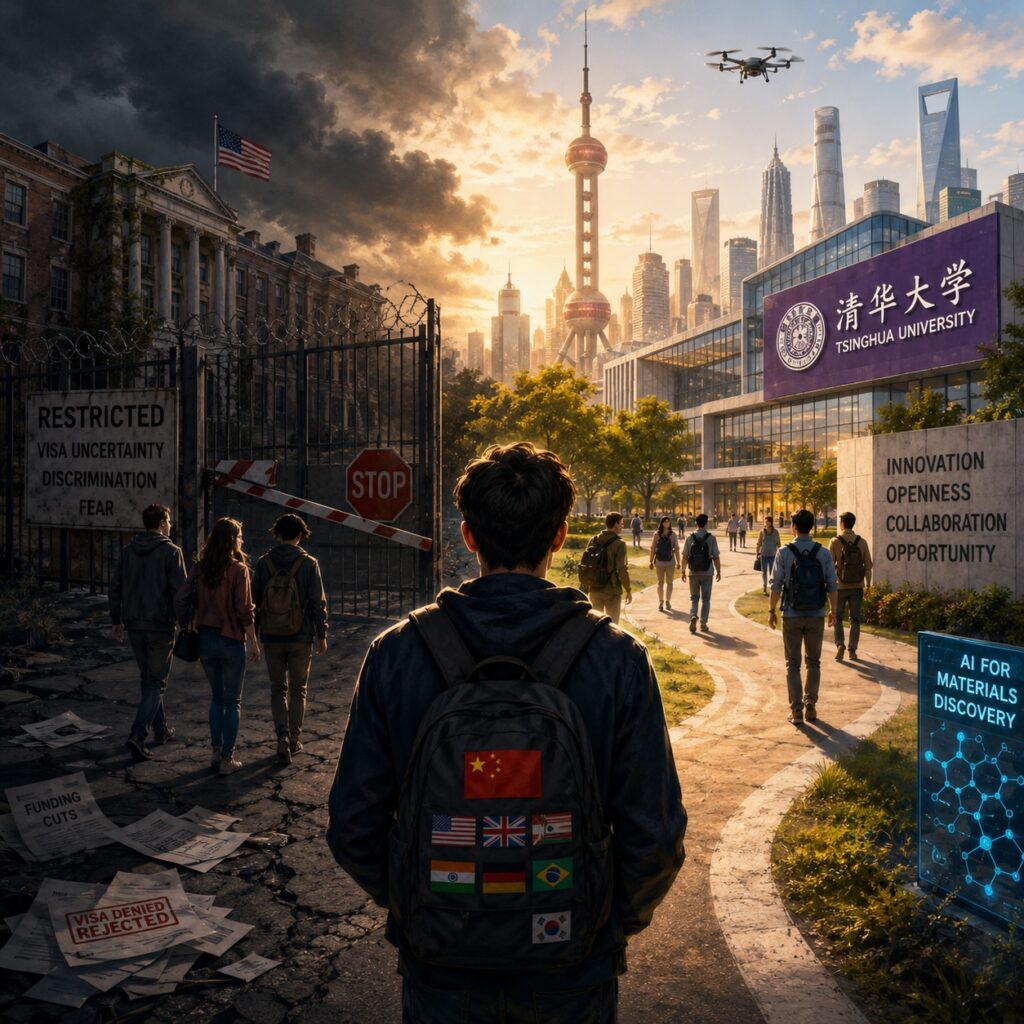IMAGE: A student faces a choice between a dark, restricted Western campus and a bright, modern Chinese university campus focused on science, AI and global opportunity 