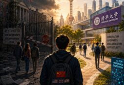 IMAGE: A student faces a choice between a dark, restricted Western campus and a bright, modern Chinese university campus focused on science, AI and global opportunity