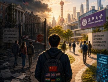 IMAGE: A student faces a choice between a dark, restricted Western campus and a bright, modern Chinese university campus focused on science, AI and global opportunity
