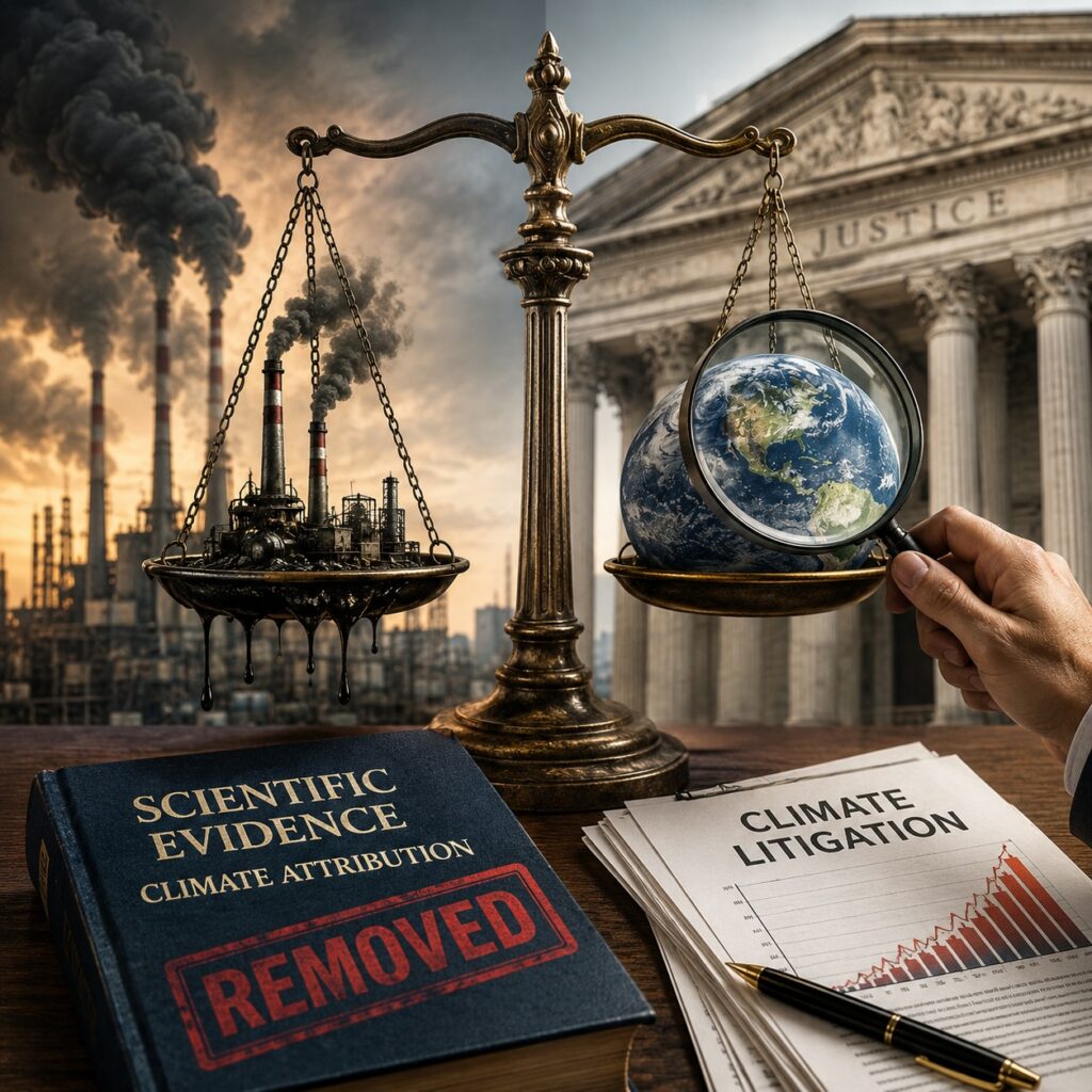 IMAGE: A courtroom scale weighs a polluted industrial complex against the Earth, while climate evidence marked “removed” lies in the foreground 
