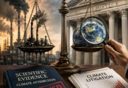 IMAGE: A courtroom scale weighs a polluted industrial complex against the Earth, while climate evidence marked “removed” lies in the foreground