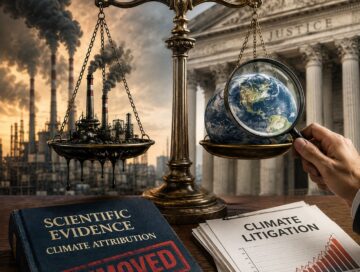 IMAGE: A courtroom scale weighs a polluted industrial complex against the Earth, while climate evidence marked “removed” lies in the foreground