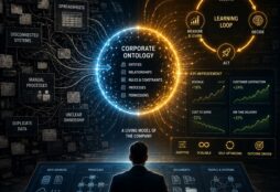 IMAGE: A business leader studies a glowing corporate world model where data, processes, AI loops, and KPI improvements converge into a self-optimizing company
