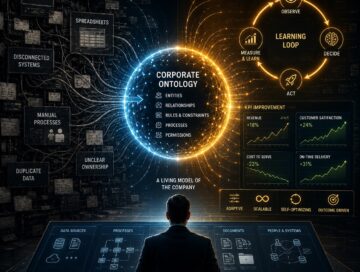 IMAGE: A business leader studies a glowing corporate world model where data, processes, AI loops, and KPI improvements converge into a self-optimizing company