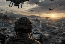 A soldier uses a tablet to coordinate multiple drones over a devastated battlefield, with network overlays suggesting the new algorithmic logic of war
