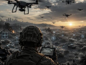 A soldier uses a tablet to coordinate multiple drones over a devastated battlefield, with network overlays suggesting the new algorithmic logic of war