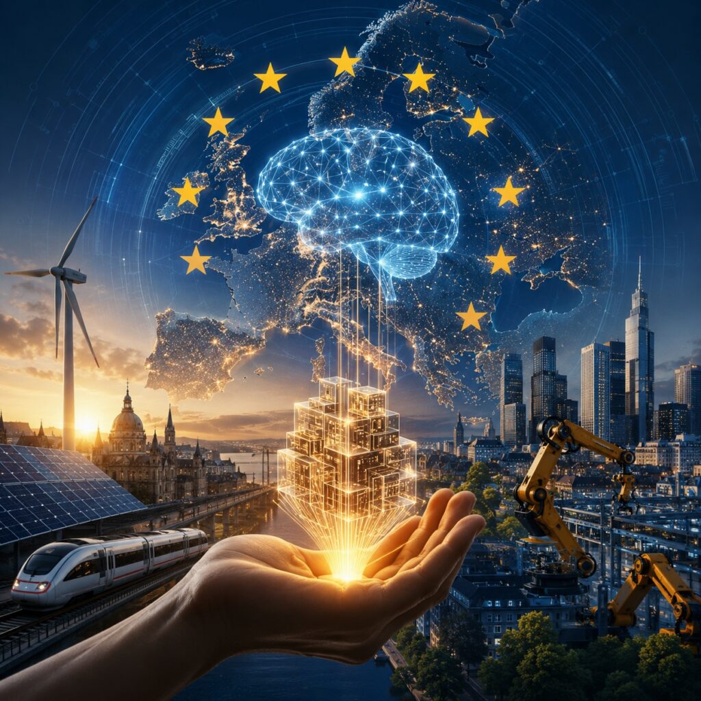 IMAGE: A glowing AI brain rises from structured data blocks in a human hand, over a connected map of Europe with industry, renewable energy, and digital infrastructure