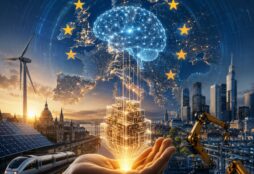 IMAGE: A glowing AI brain rises from structured data blocks in a human hand, over a connected map of Europe with industry, renewable energy, and digital infrastructure