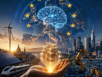 IMAGE: A glowing AI brain rises from structured data blocks in a human hand, over a connected map of Europe with industry, renewable energy, and digital infrastructure