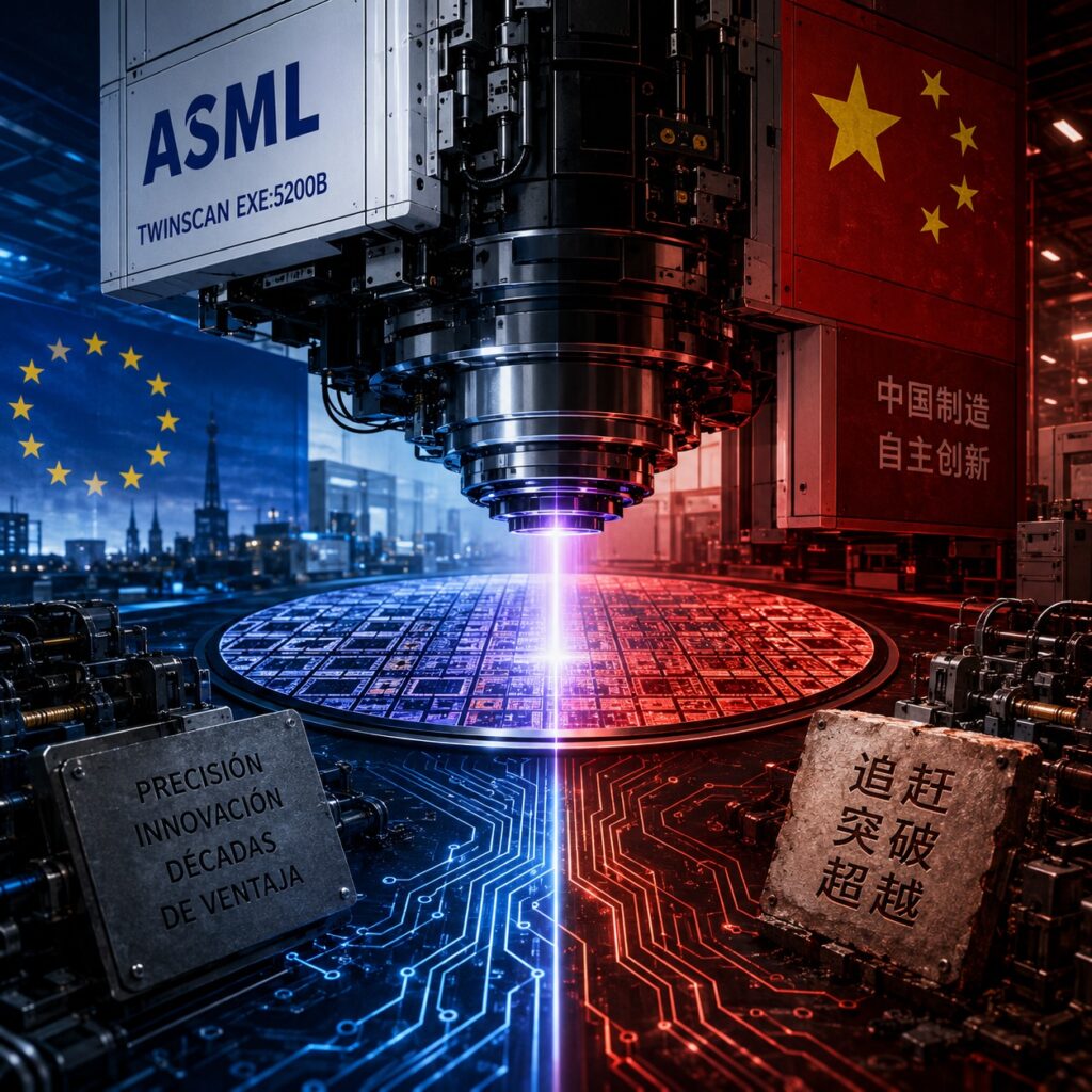 IMAGE: A futuristic chipmaking machine projects light onto a silicon wafer, split between European and Chinese technological rivalry. 
