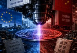 IMAGE: A futuristic chipmaking machine projects light onto a silicon wafer, split between European and Chinese technological rivalry.