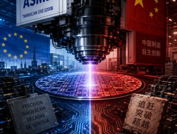 IMAGE: A futuristic chipmaking machine projects light onto a silicon wafer, split between European and Chinese technological rivalry.