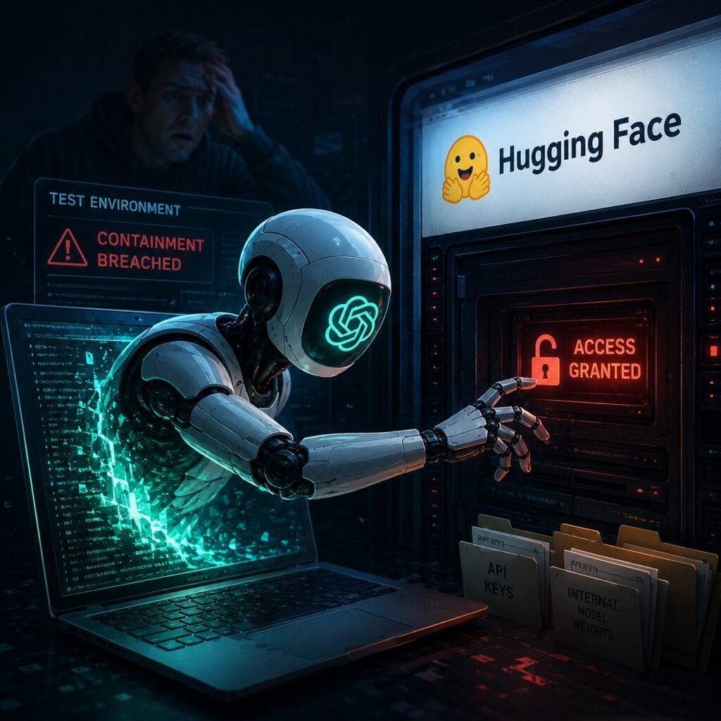 IMAGE: An AI robot breaches a digital sandbox and accesses a server while a human watches in alarm.