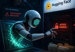 IMAGE: An AI robot breaches a digital sandbox and accesses a server while a human watches in alarm.