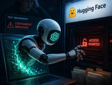 IMAGE: An AI robot breaches a digital sandbox and accesses a server while a human watches in alarm.