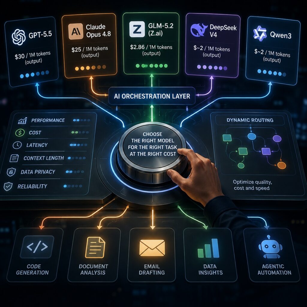 IMAGE: A futuristic control panel routes tasks among different AI models, comparing cost and performance while a hand selects the best model for each job