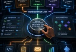 IMAGE: A futuristic control panel routes tasks among different AI models, comparing cost and performance while a hand selects the best model for each job