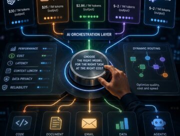 IMAGE: A futuristic control panel routes tasks among different AI models, comparing cost and performance while a hand selects the best model for each job