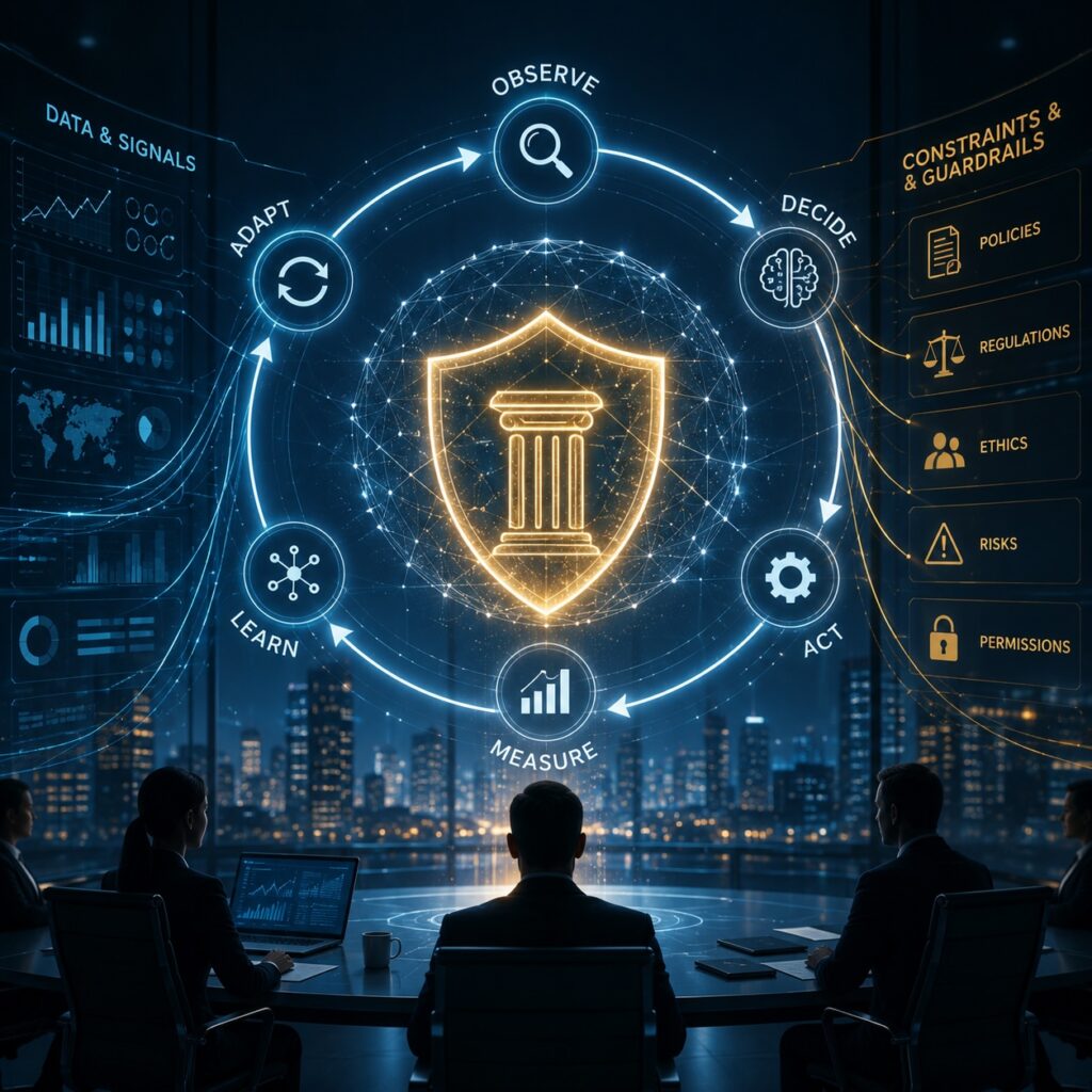 IMAGE: A business leader observes a glowing corporate world model that connects AI learning loops with governance, permissions, risks, objectives, and human oversight