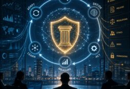 IMAGE: A business leader observes a glowing corporate world model that connects AI learning loops with governance, permissions, risks, objectives, and human oversight