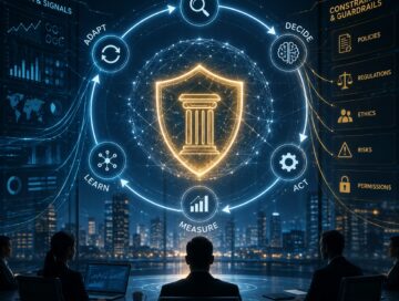 IMAGE: A business leader observes a glowing corporate world model that connects AI learning loops with governance, permissions, risks, objectives, and human oversight