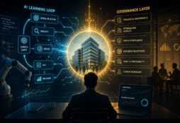 IMAGE: A business leader observes a glowing corporate world model that connects AI learning loops with governance, permissions, risks, objectives, and human oversight