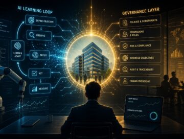 IMAGE: A business leader observes a glowing corporate world model that connects AI learning loops with governance, permissions, risks, objectives, and human oversight